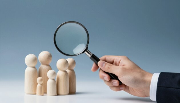 Professional studio photograph of a magnifying glass held by a hand in a business suit for financial analysis