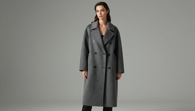 Fashion-forward woman in oversized wool winter coat with confident pose in studio