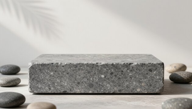 Minimalist product display with grey travertine stone pedestal and river pebbles