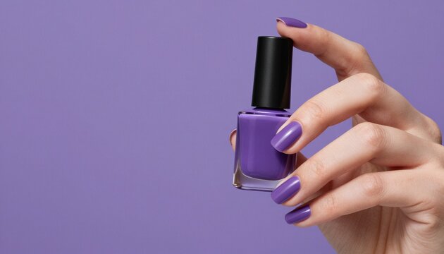 High-end close-up of a well-manicured hand holding a sleek purple nail polish bottle for beauty and cosmetics