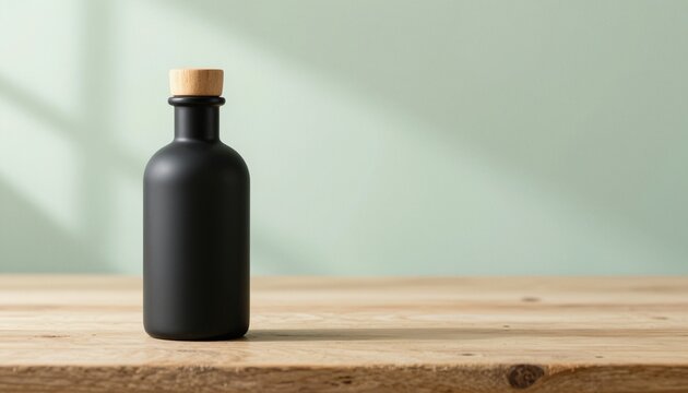 Minimalist black glass bottle with wooden cork on rustic table for product display