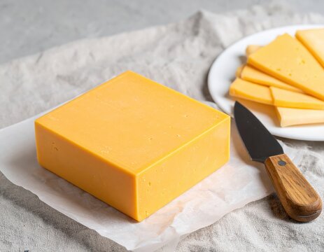 Cheddar cheese block with slices and knife