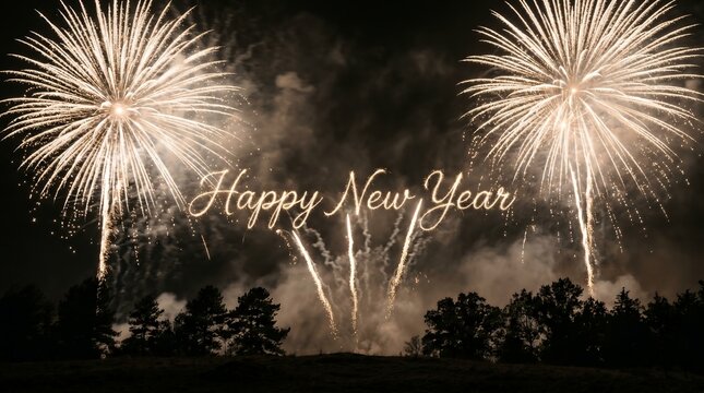 Majestic Golden Fireworks Display Illuminating the Night Sky with Happy New Year Message