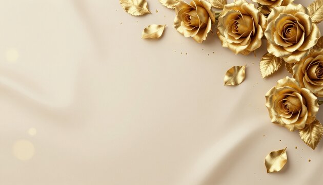 Elegant high-end commercial backdrop with 3D metallic gold roses cascading from the corner