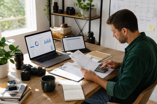 Entrepreneur Examining Financial Documents and Business Dashboards at a Home Office Desk with Calculator, Laptop, Tablet, and Calendar for Annual Accounting Review and Planning
