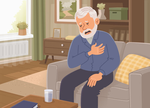 Elderly man experiencing chest pain, heart disease, or a heart attack. Flat style vector illustration