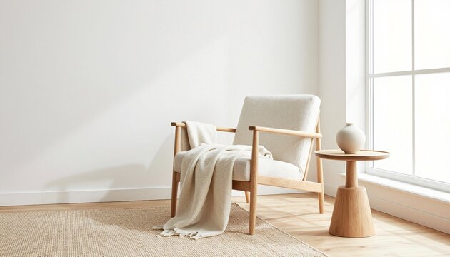 Minimalist Scandinavian living room corner with light oak furniture and natural sunlight