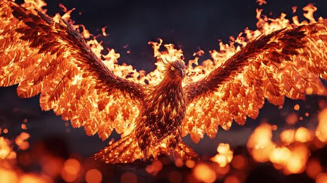 Majestic mythical firebird phoenix rising with burning fiery wings and glowing embers.