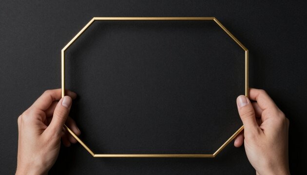 Luxurious minimalist gold hexagonal frame on deep black matte background for branding or invitations