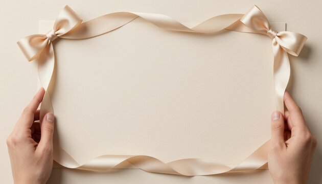 Elegant champagne-colored satin ribbon flat lay with rectangular frame and copy space