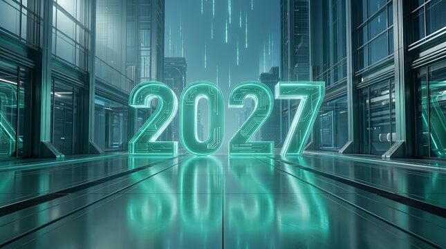 Futuristic Glowing Neon Numbers 2027 Standing in a Modern Cyberpunk Cityscape with Digital Rain