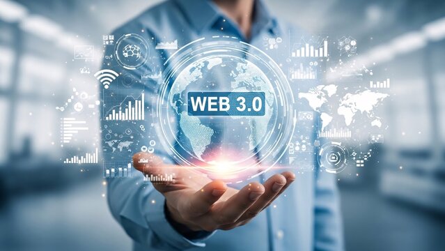 Man holding web 3.0 globe with digital graphics