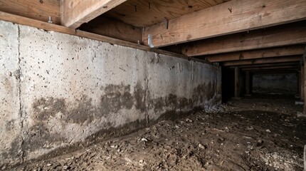 Fototapeta premium Damp Concrete Foundation Wall With Moisture Stains in Residential Crawl Space