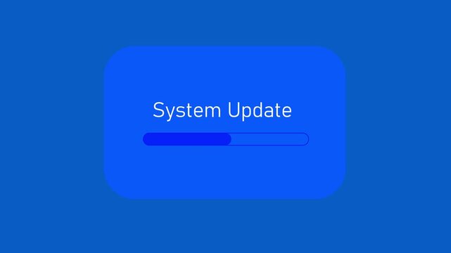 A system update notification with a blue progress bar is displayed inside a sleek glass card on a blue background