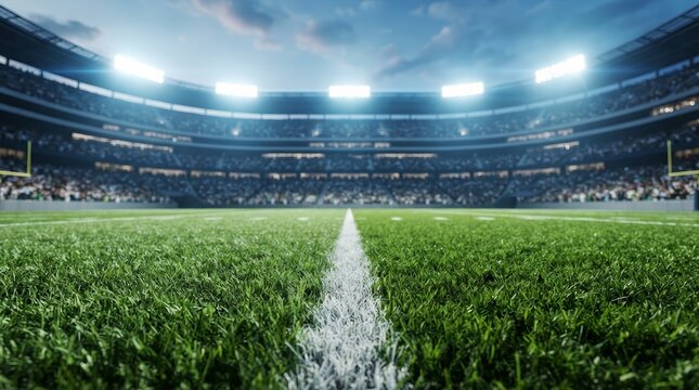 View from the midline of an American football field with lush green grass in a large stadium.