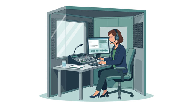 Translator working in soundproof booth with audio equipment