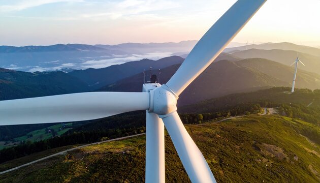 Aerial View of Wind Turbine Blades Against Scenic Mountain Landscape