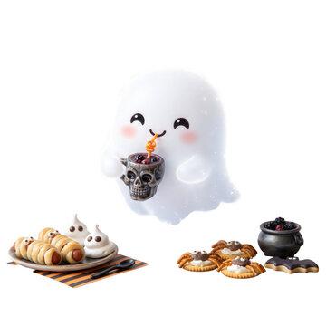 Ghost face with food and drinks on white background transparent background