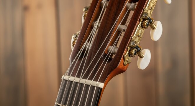 Close-Up of Acoustic Guitar Headstock with Tuners and Strings