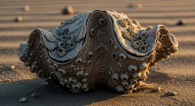 Clam Shell on Sandy Beach at Sunset with Barnacles and Soft Light