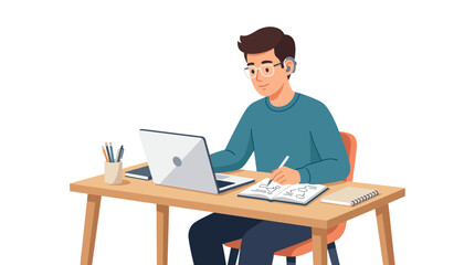 Fototapeta premium Young man working on laptop at desk, isolated