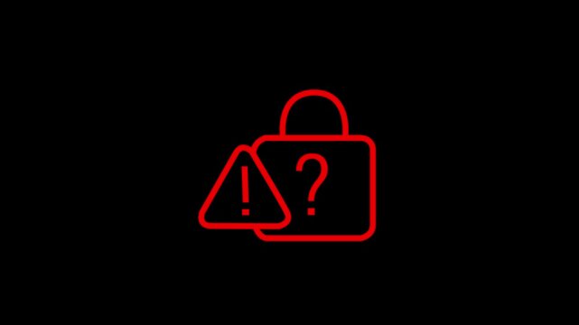 Outline icon of closed padlock paired with warning alert triangle and question mark sign.Motion graphics of concept