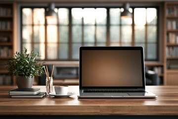 Fototapeta premium Laptop coffee cup notebook pencil plant wooden desk modern office window bookshelf workspace