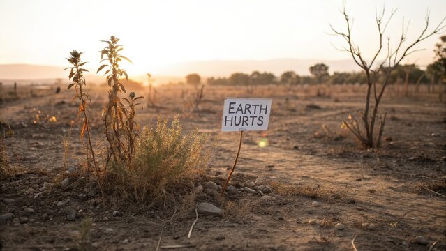 Sign of Climate Change in Dry Land During Sunset Landscape
