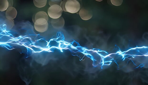 Blue electrical energy bolt surging with smoke over bokeh