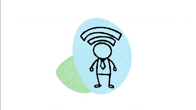 An animated hand drawn businessman with a wireless WiFi signal head. Great for smart connectivity, IoT mind, telecommunications, and digital online presence. 