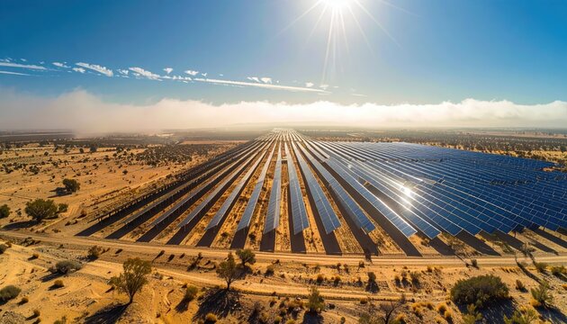 Aerial View of Large Solar Panel Field in Desert Landscape Under Sun