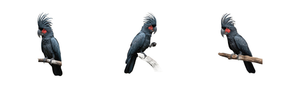 Set of three black palm cockatoo parrots perched on branches isolated on white background wild exotic bird elements for nature graphic design collection