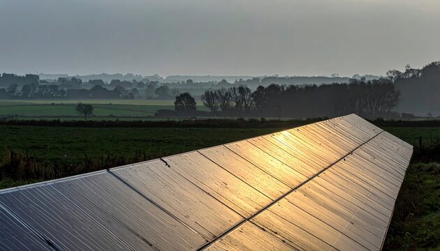 Solar Panels Reflecting Sunrise Over Scenic Rural Landscape