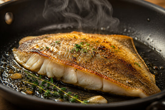 Cooked fish fillet in a frying pan, crispy golden skin and flaky white flesh.
