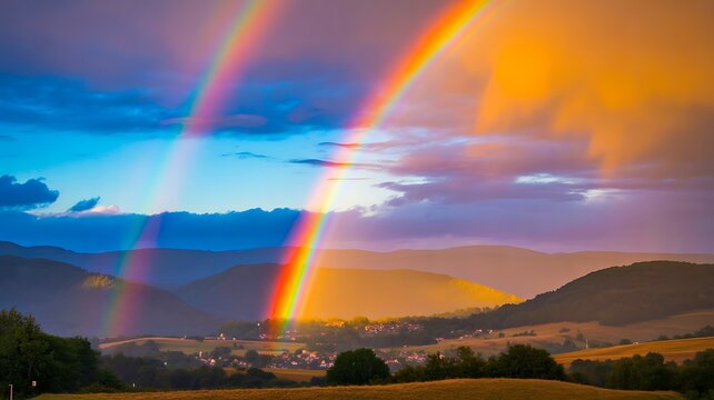 Double rainbow over a scenic valley and mountain landscape beneath dramatic colorful clouds