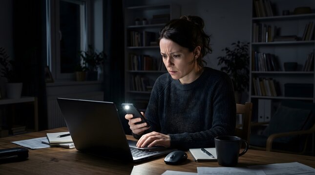 Woman working on laptop during power outage using smartphone flashlight for illumination