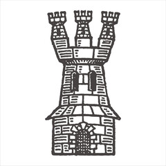 Naklejka premium Detailed hand drawn illustration of a medieval stone castle tower with three turrets