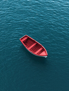 Red boat deep blue ocean calm water empty rowboat tranquil scene high angle solitude peaceful outdoor nautical