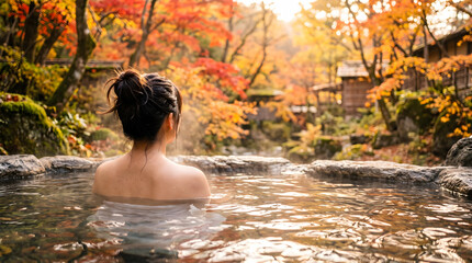Fototapeta premium Rear view of a woman relaxing in an outdoor hot spring surrounded by autumn leaves.