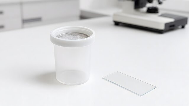 Veterinary fecal flotation cup and microscope slide on a laboratory