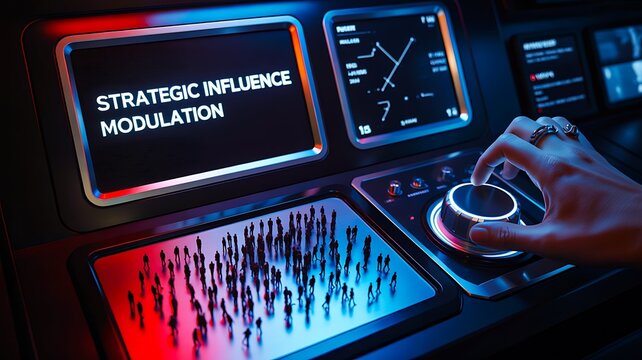 Digital interface displaying strategic influence modulation, data signals and advanced technology controls