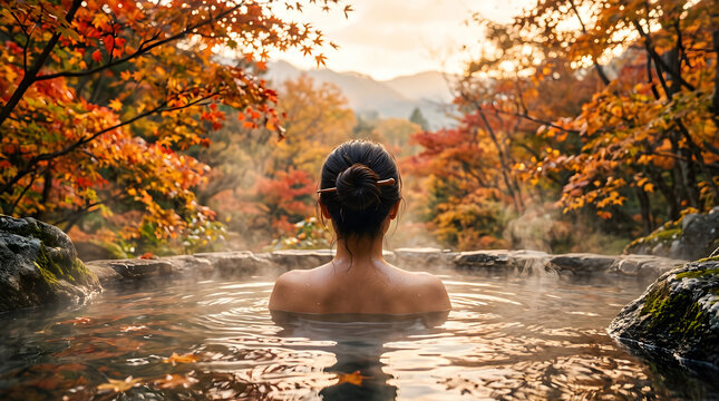 Woman enjoying open-air hot spring on sen with vivid autumn colors.