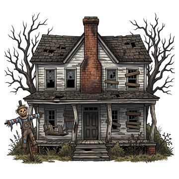 Abandoned Colonial Farmhouse with Scarecrow and Skeletal Trees on Transparent Background
