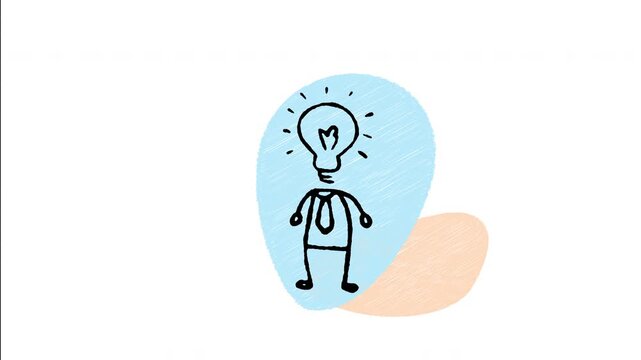 An animated hand drawn businessman with a glowing light bulb head. Ideal for smart thinking, creative genius, business insights, and innovative strategy.