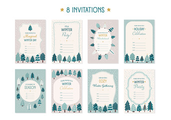 Naklejka premium Set of Winter Party Invitation with Hand Drawn Christmas Trees and Snow