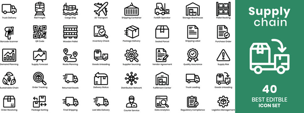 Set of forty supply chain and logistics icons featuring shipping transportation warehouse management and distribution business process symbols. Vector shipping fulfilment icon