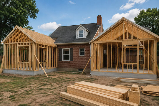 Brick house with wooden frame additions and construction lumber in yard, home renovation and building concept