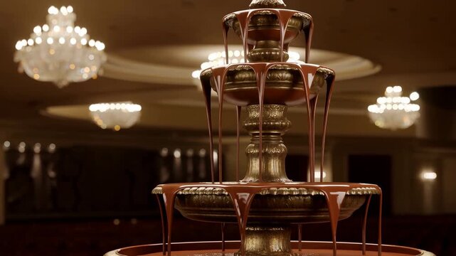 Decorative multi tier fountain with flowing water displayed in elegant indoor hall setting under warm lights, showing cascading streams and reflective surfaces in symmetrical architectural composition