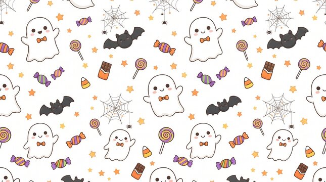 Seamless halloween pattern with cute ghosts, bats, spider webs, and candy, isolated on white background