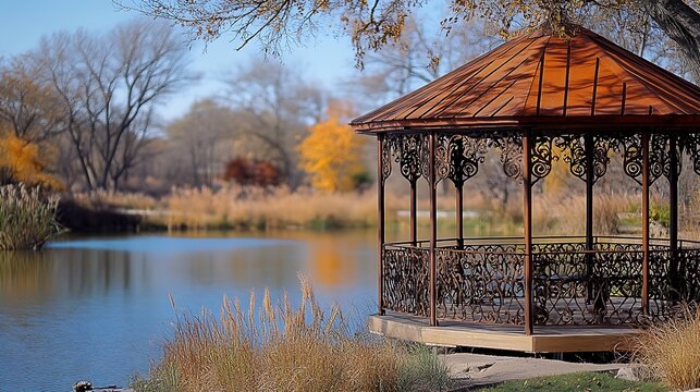 Gazebo by a Calm Autumn Lake.